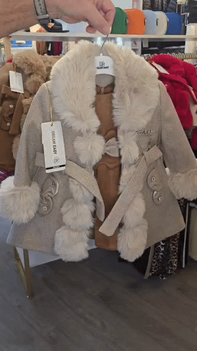 Girls Smart Dressy Lined Coat- Faux Fur Trimmed- With Matching Long Sleeve Dress- Beige- Ages 2 to 6 Years