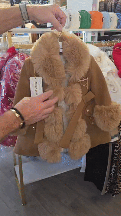 Girls Smart Dressy Lined Coat- Faux Fur Trimmed- With Matching Long Sleeve Dress- Camel- Ages 2 to 6 Years