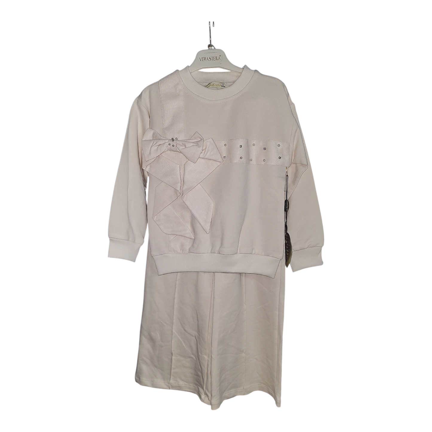 girls long sleeve bow lounge suit beige