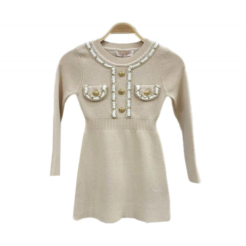 Girl's Long Sleeve Dress- Gold Buttons & Stitching Detail- Black or Beige- Ages 4 to 14