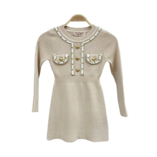 Girl's Long Sleeve Dress- Gold Buttons & Stitching Detail- Black or Beige- Ages 4 to 14