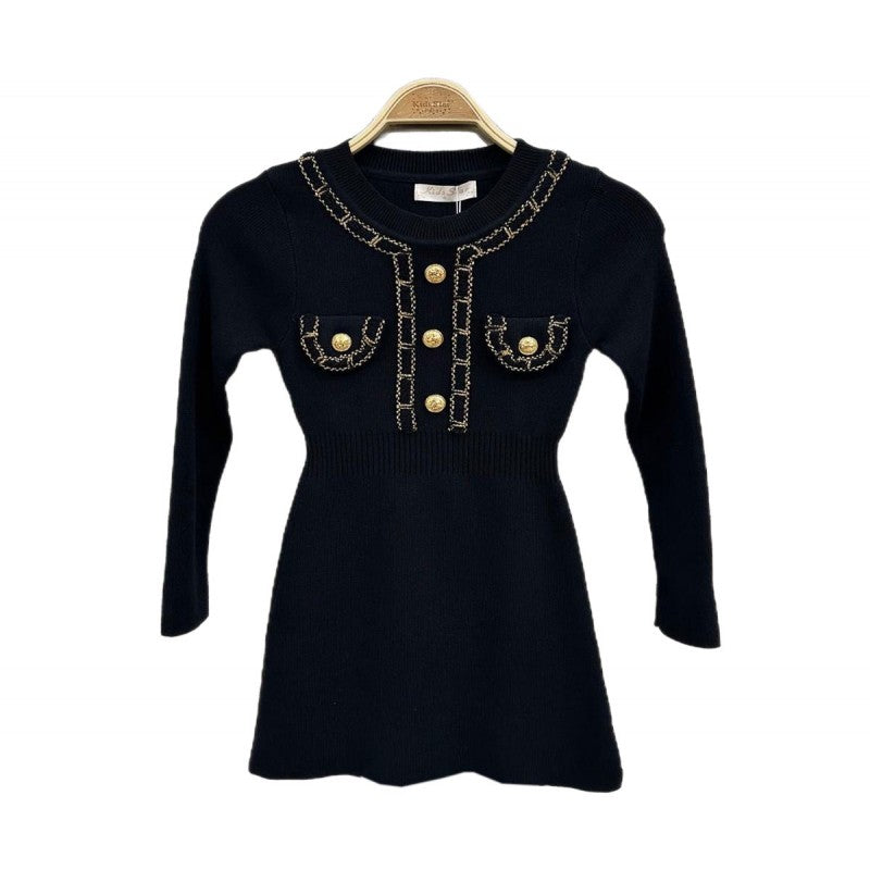 Girl's Long Sleeve Dress- Gold Buttons & Stitching Detail- Black or Beige- Ages 4 to 14