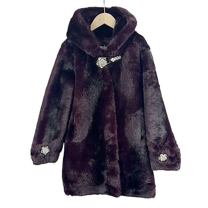 Girls Burgundy Faux Fur Buttoned Hooded Jacket With Diamante Top Closure 4-14 Years