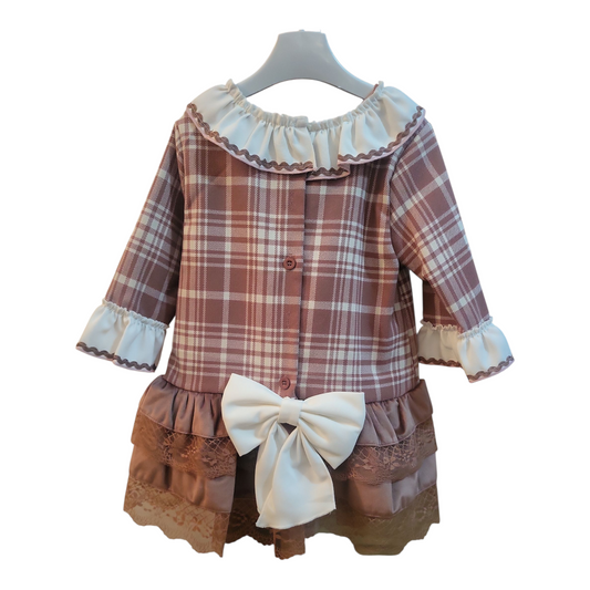 Girls Tan Tartan Long Sleeve Dress Lace Trimmed & Bows- Ages 2 to 6 Years