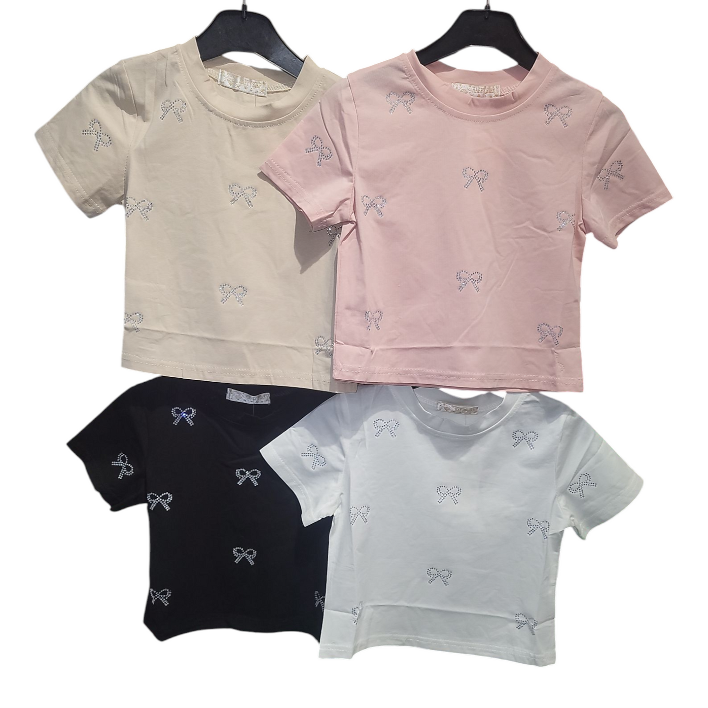 Girls Short Sleeve T-Shirt With Diamante Bows- Various Colours