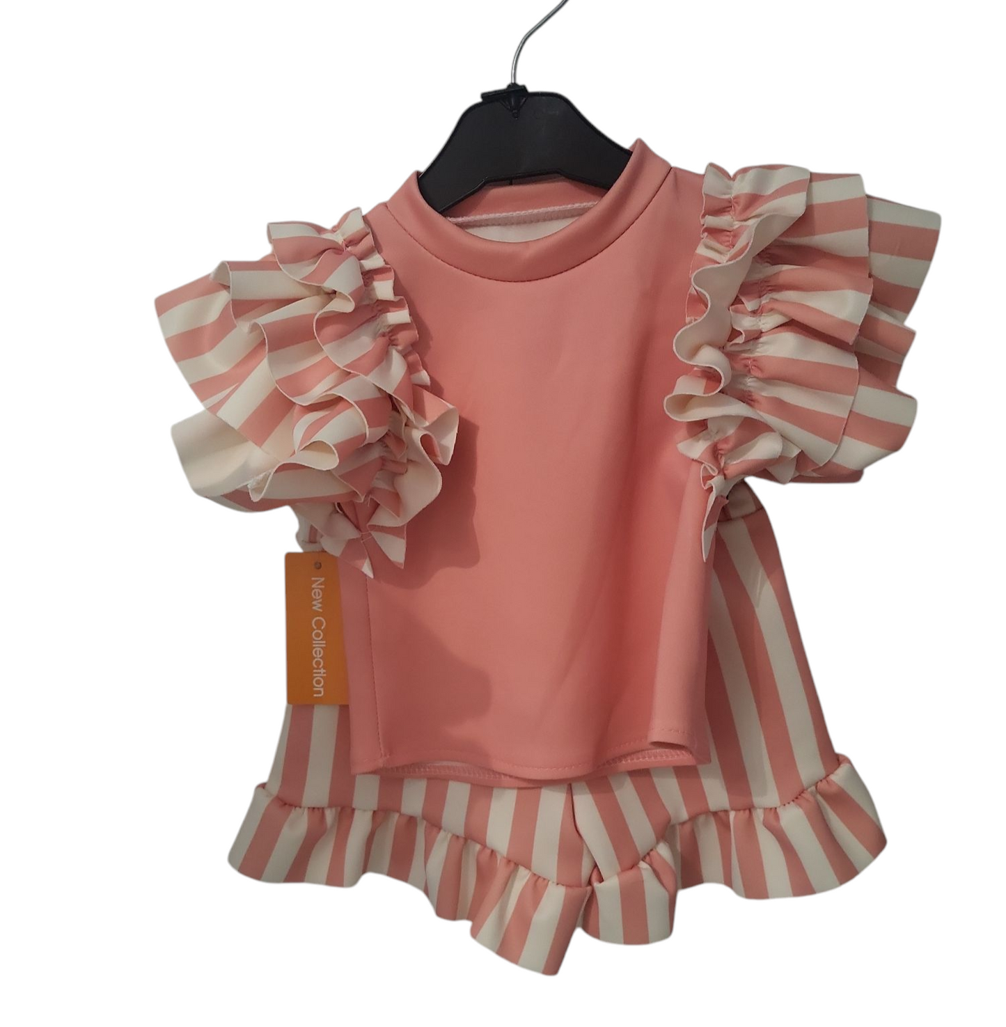 Girls Stripped Ruffled Sleeve Round Neck Top & Shorts Set- Beige or Pink