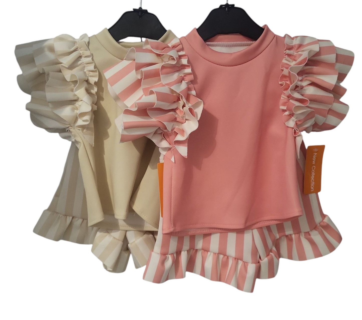Girls Stripped Ruffled Sleeve Round Neck Top & Shorts Set- Beige or Pink