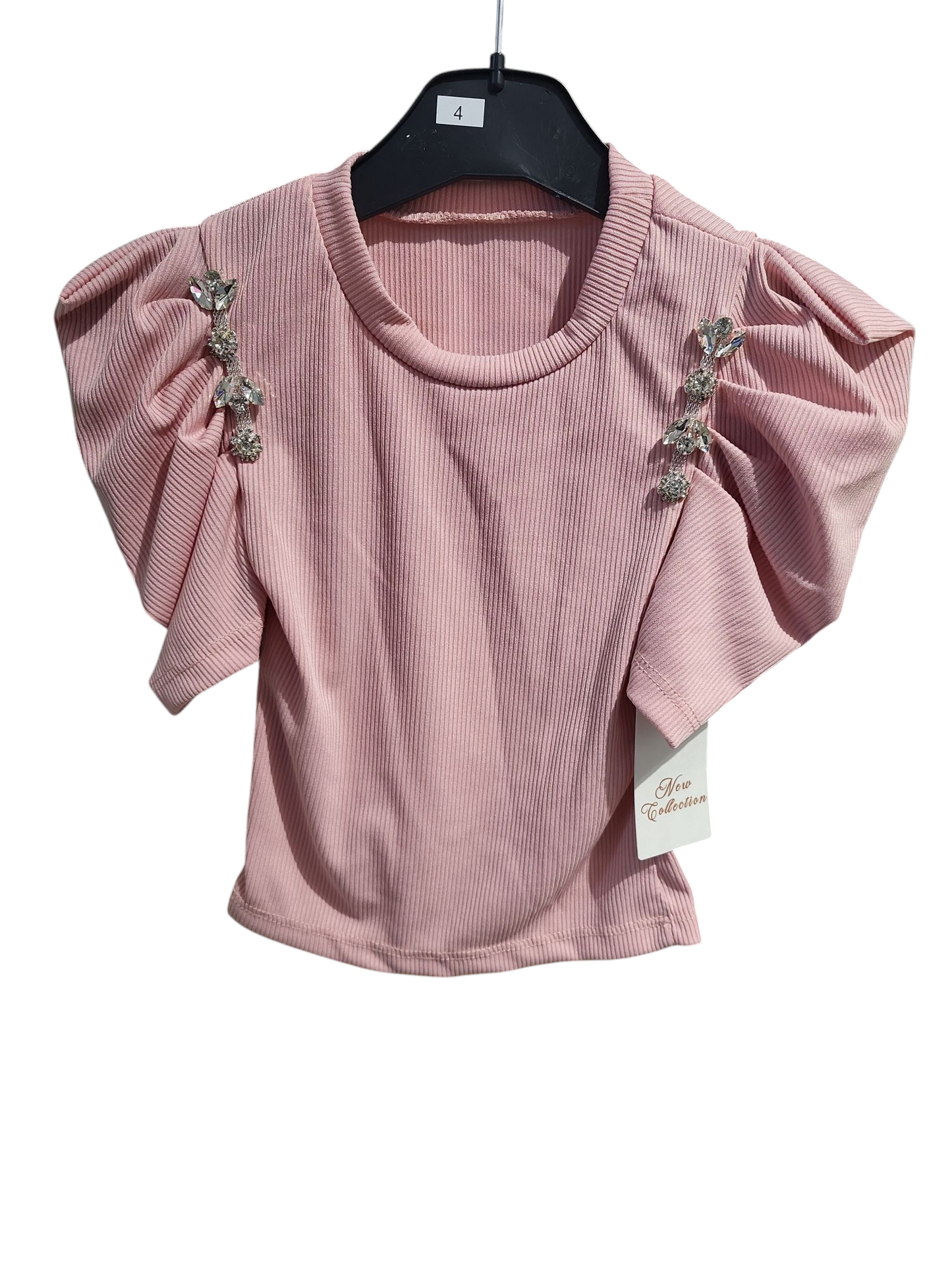 Girls Fine Ribbed Short Sleeve Top With Diamante Detailing- White or Pink