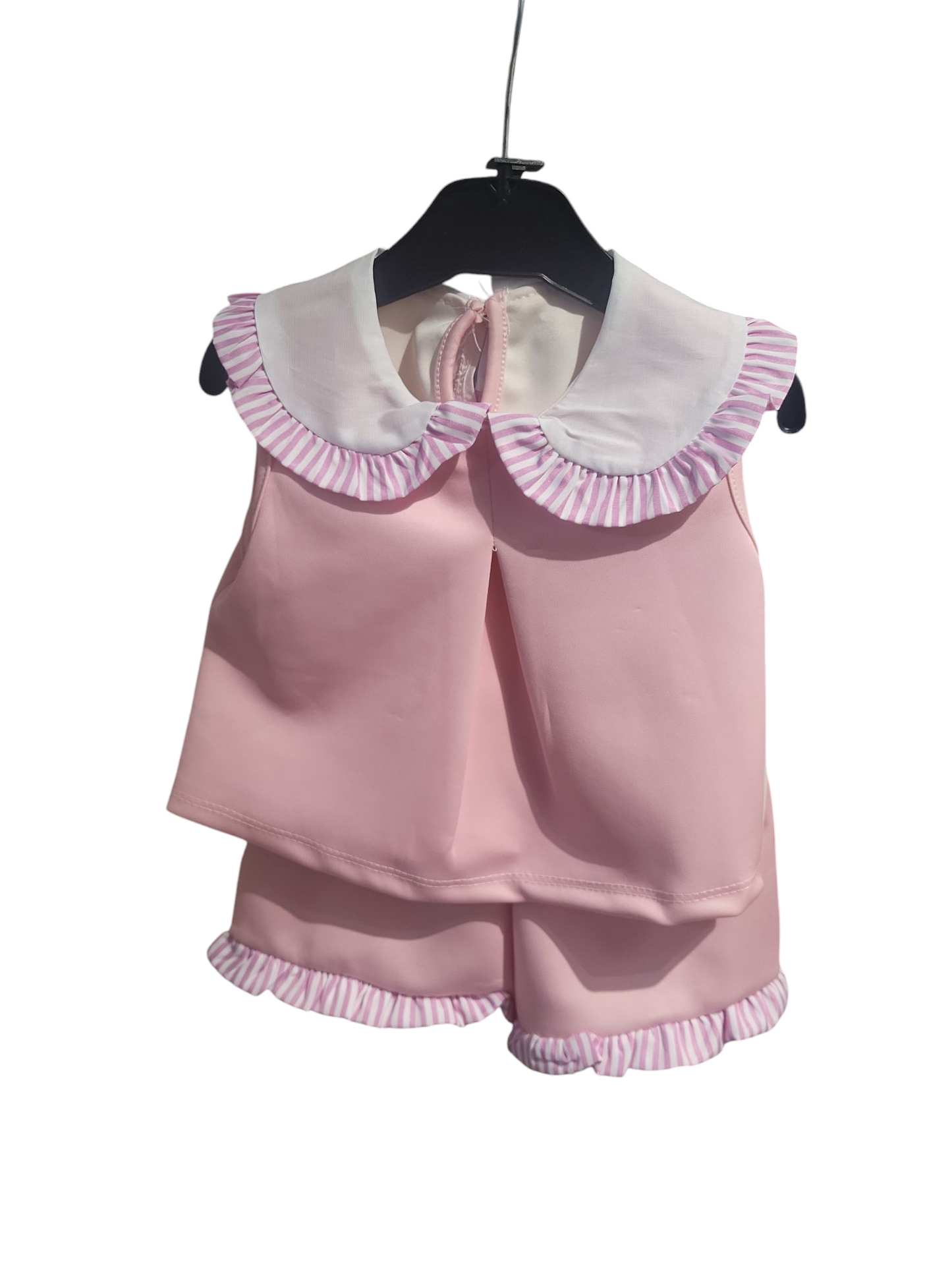 Girls Sleeveless Top With Collar & Shorts Set- Beige, Sky Blue, Pink