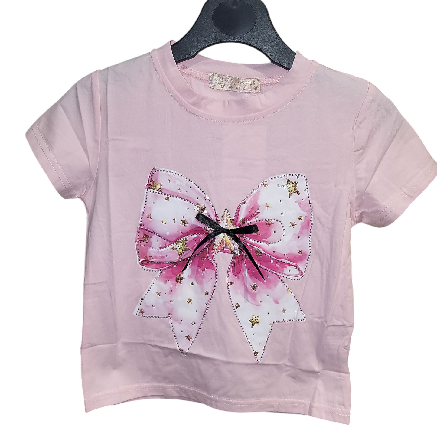 Girls Bow Print T-Shirt With Diamante Detailing- Pink or White