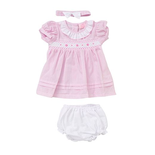 Baby Girl's Smock Dress & Jam Pants Set Including Head Band- 0 to 9 Months- Blue or Pink