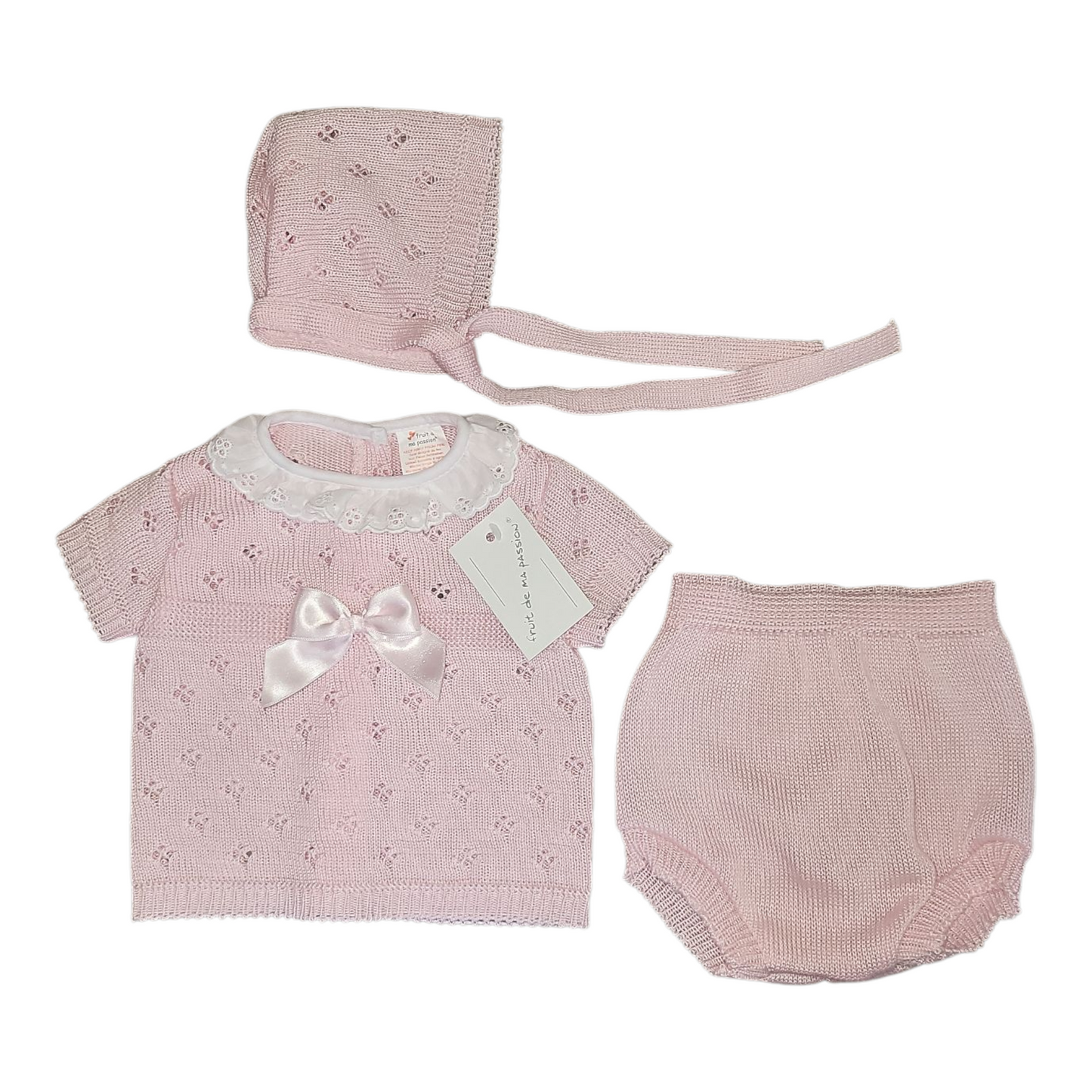 Baby Set- Knitted Bonnet, Short Sleeve Dress & Knickers- Pink, White & Green
