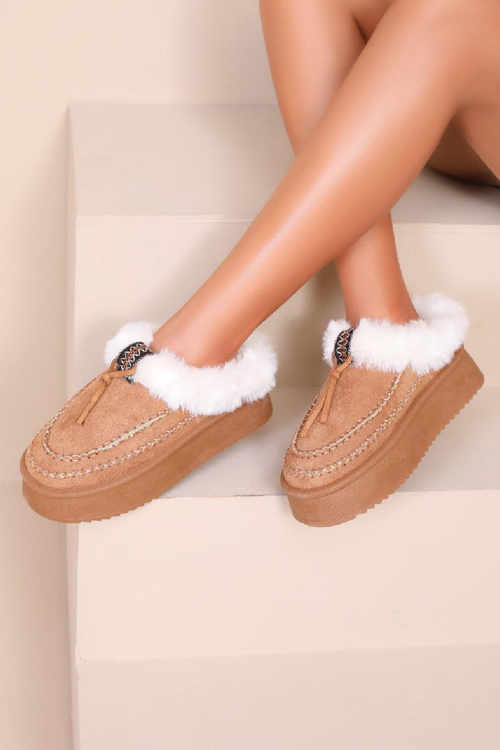 Women's Camel Faux Fur Lined Winter Slip On Shoes