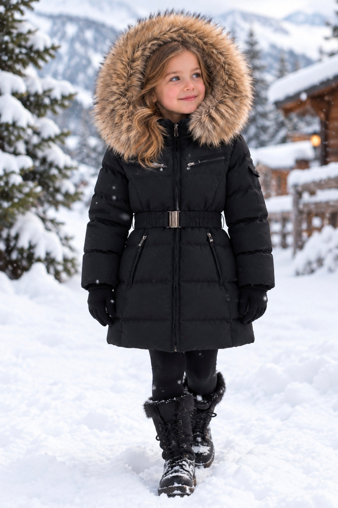 Girls Large Faux Fur Trim Hooded Coat- Black or Beige- 1 to 5 Years
