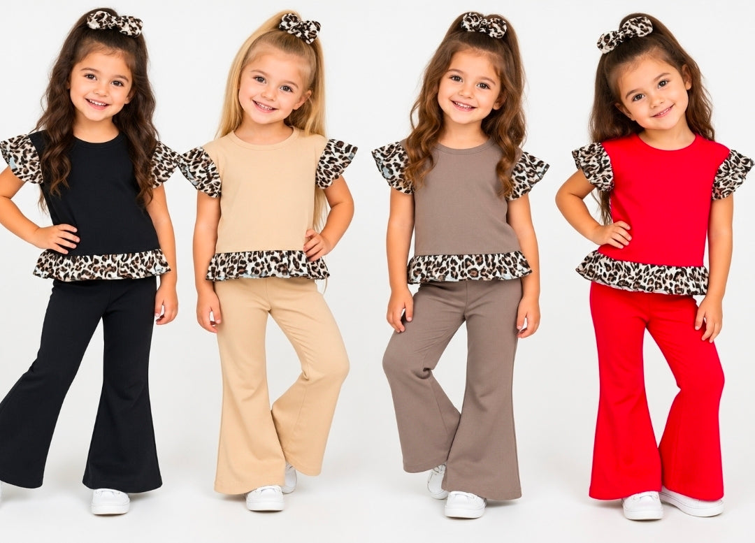 Girl's Short Sleeve Top & Flared Trouser Set With Leopard Print Trim + Hairband- Beige or Black- Ages 3 to 14 Years
