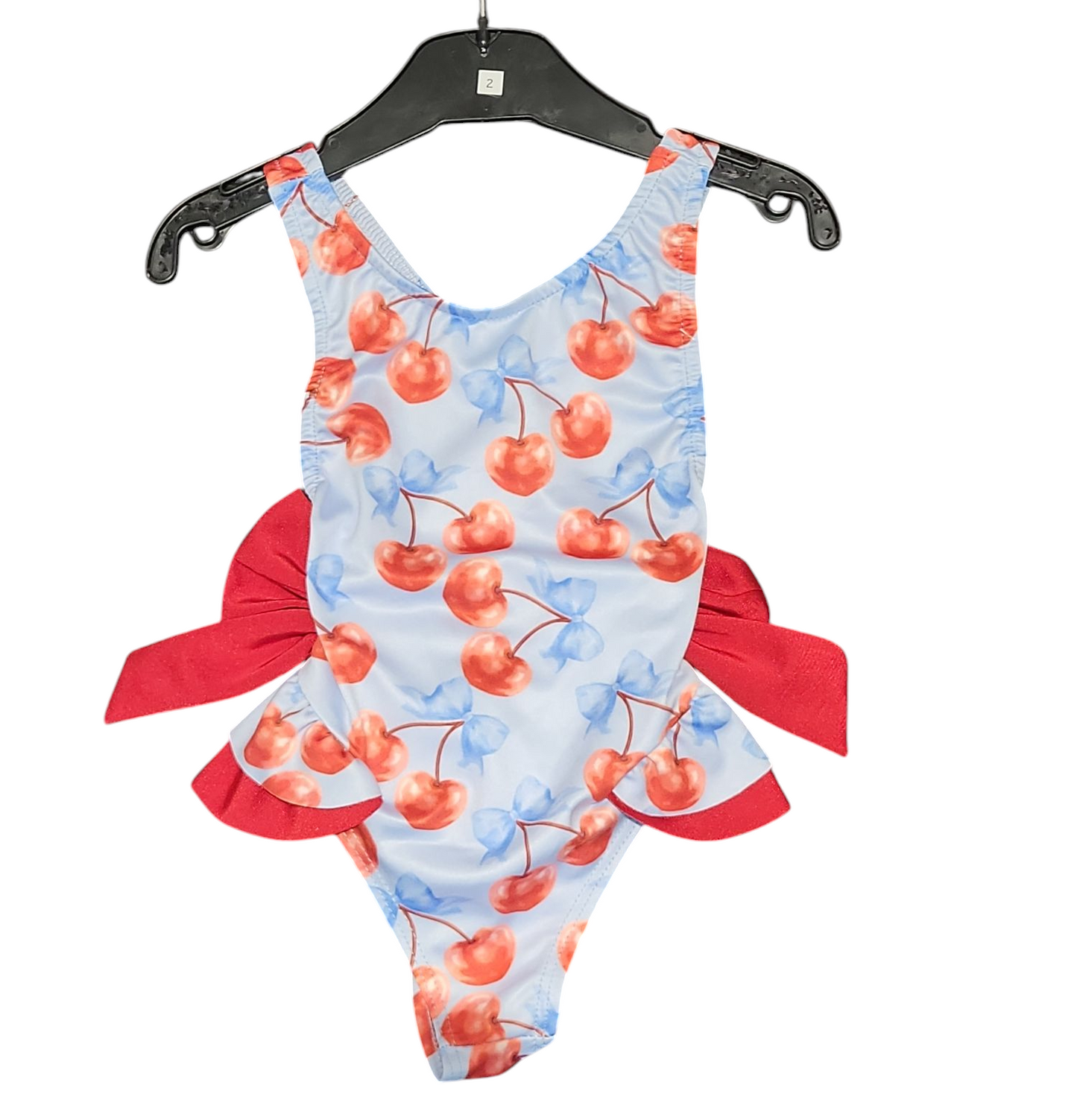 Girls Italian Styled Swimming Costume- Sky Blue- Cherry Print