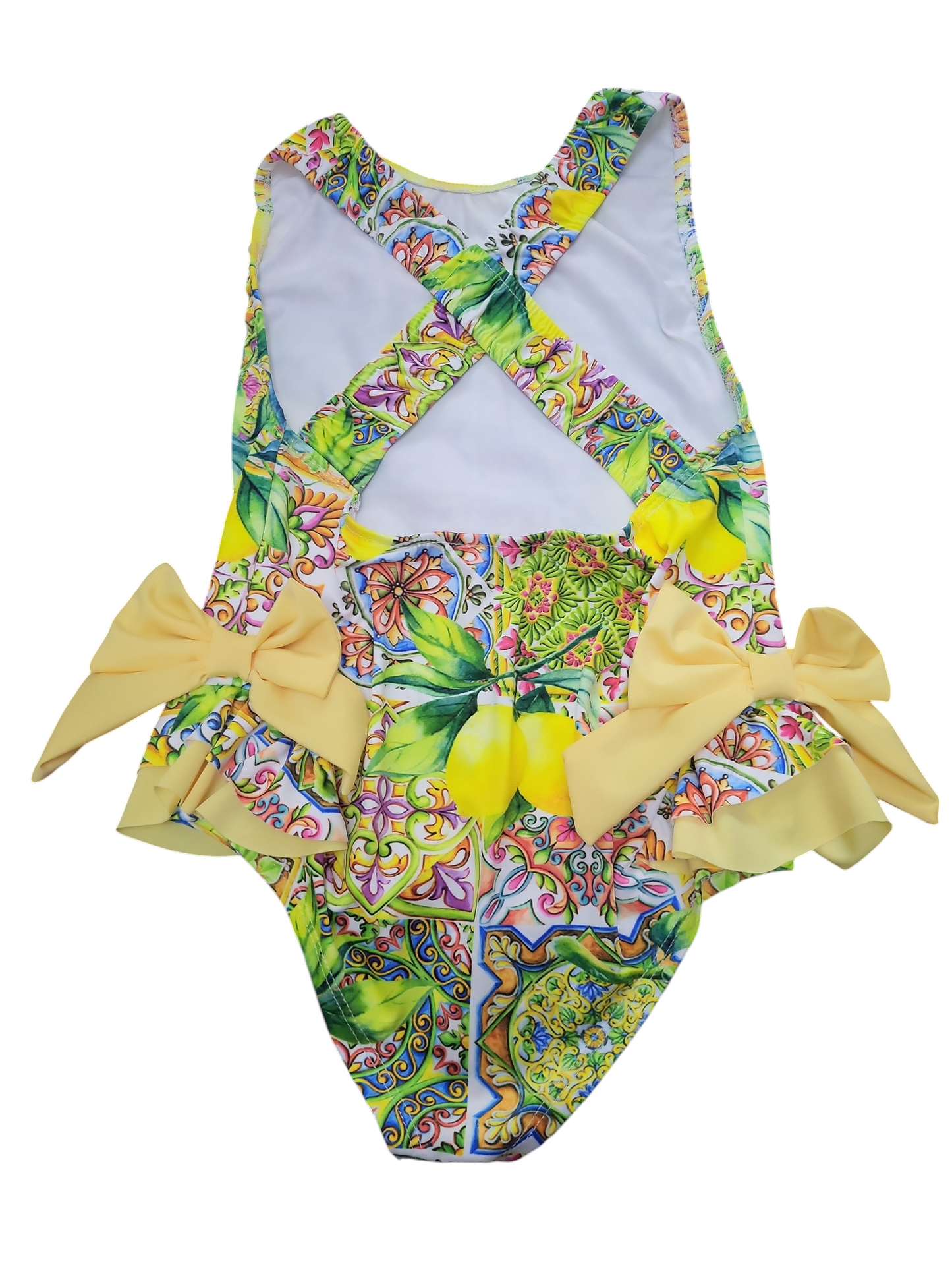 Girls Italian Styled Swimming Costume- Multi-Coloured With Lemons & Yellow Bows
