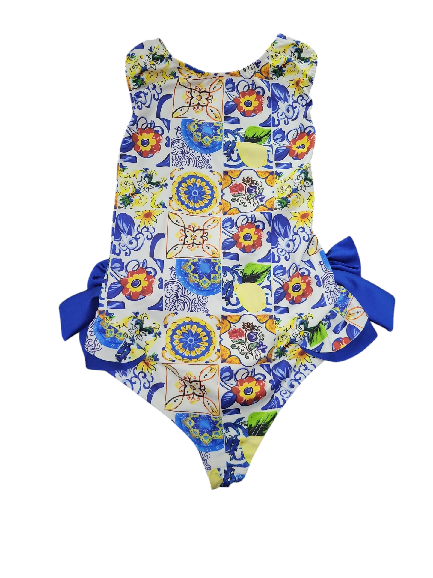 Girls Italian Styled Swimming Costume- Multi-Coloured With Blue Bows