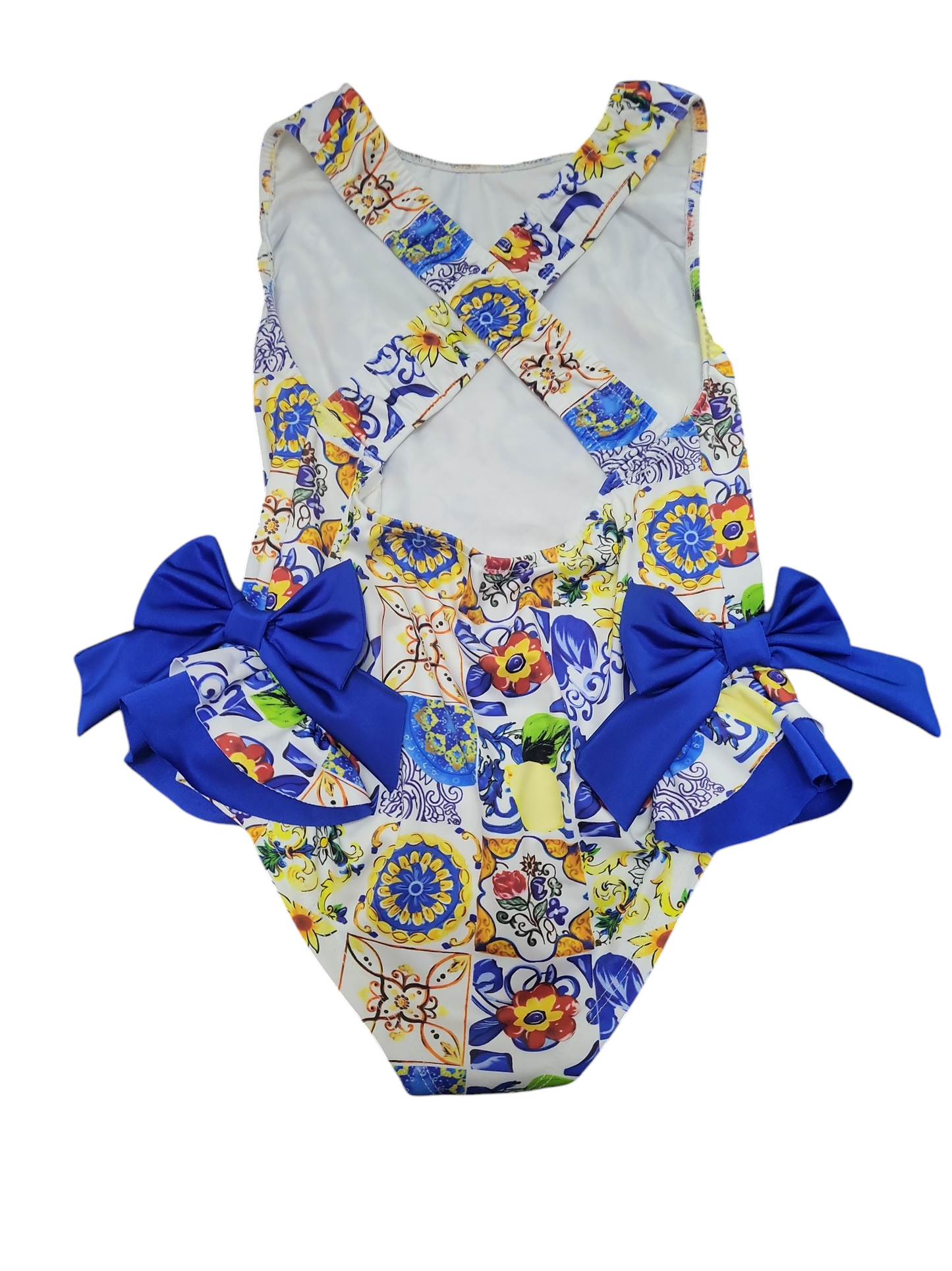 Girls Italian Styled Swimming Costume- Multi-Coloured With Blue Bows