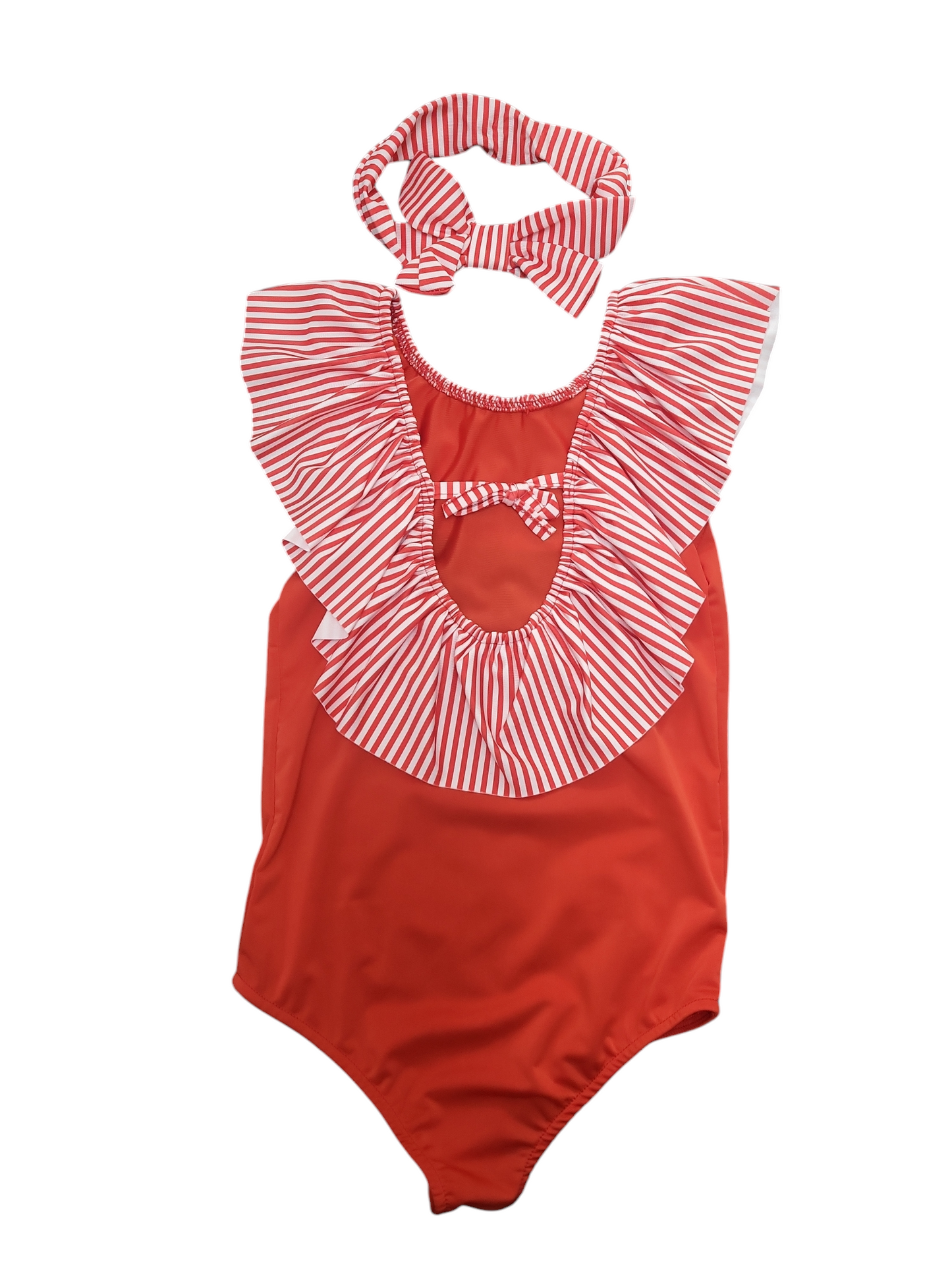 Girls Italian Styled Swimming Costume- Red With Red & White Trim- Includes Head Band