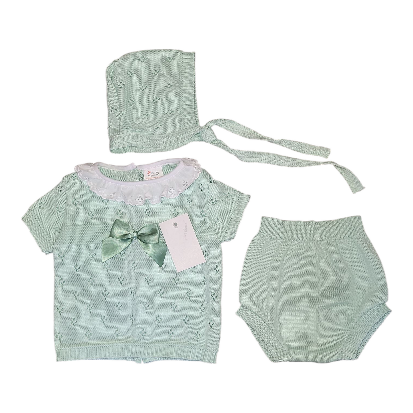 Baby Set- Knitted Bonnet, Short Sleeve Dress & Knickers- Pink, White & Green