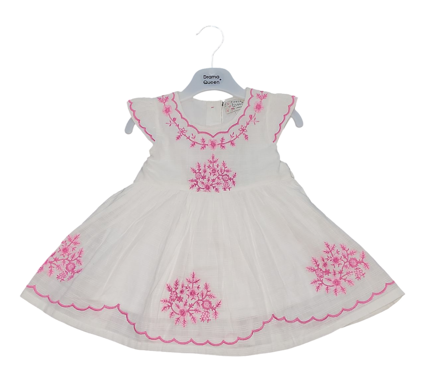 Girl's Sleeveless Smock Dress- White With Pink Detailing- 6 to 24 Months