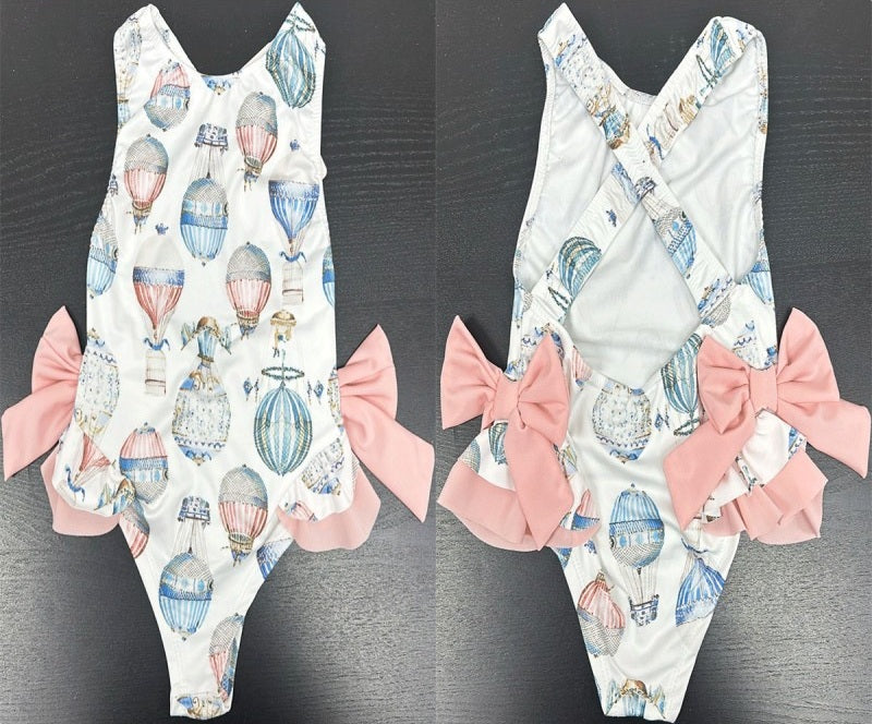 Girls Italian Styled Hot Air Balloons Swimming Costume With Pink Bows