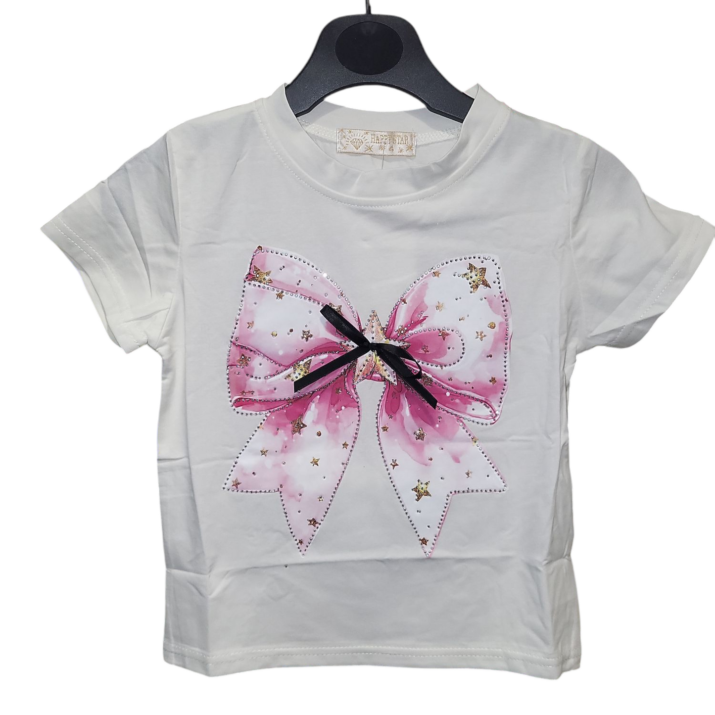Girls Bow Print T-Shirt With Diamante Detailing- Pink or White