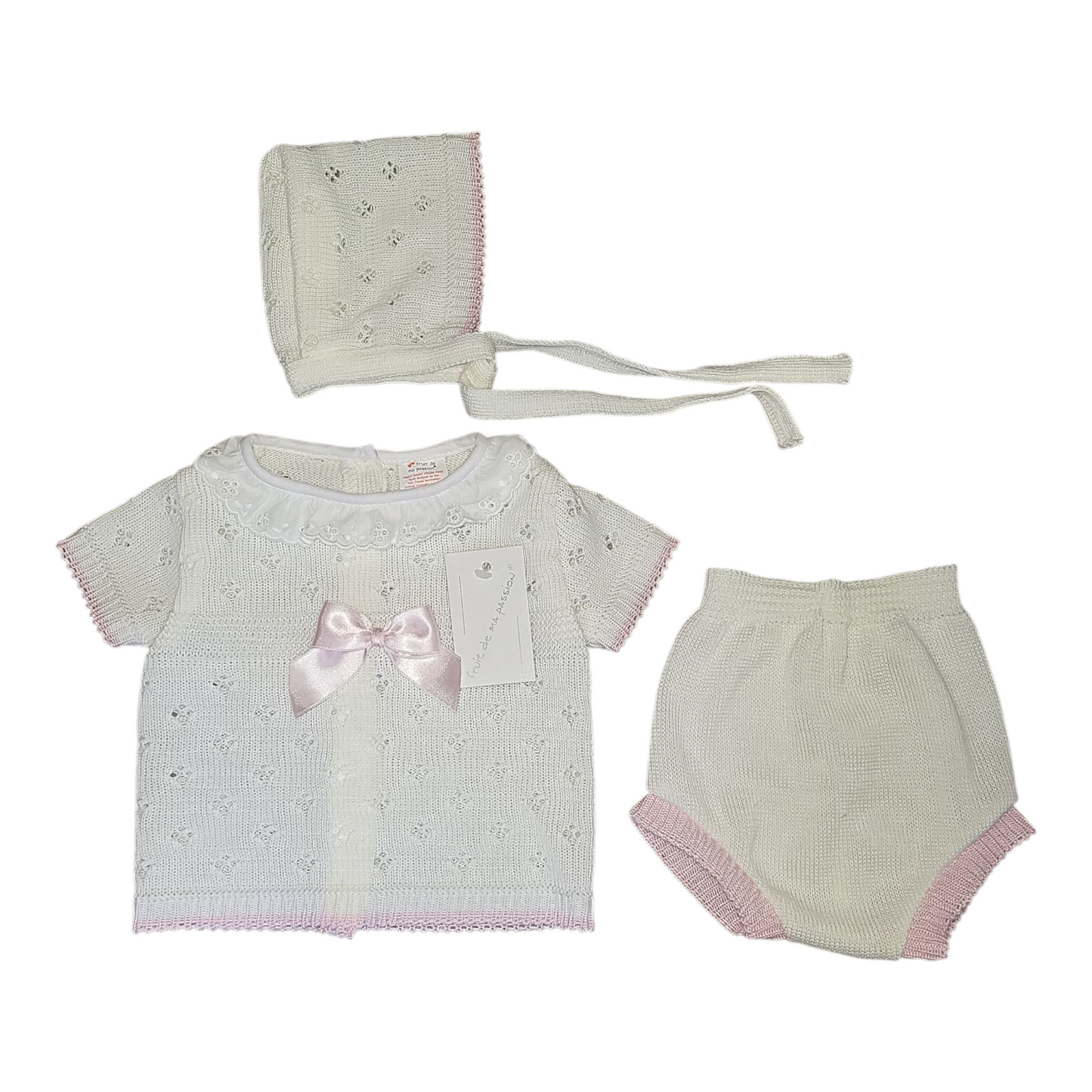 Baby Set- Knitted Bonnet, Short Sleeve Dress & Knickers- Pink, White & Green