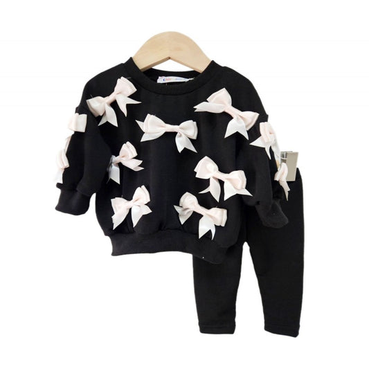 Girls Tracksuit- Black With White Bows