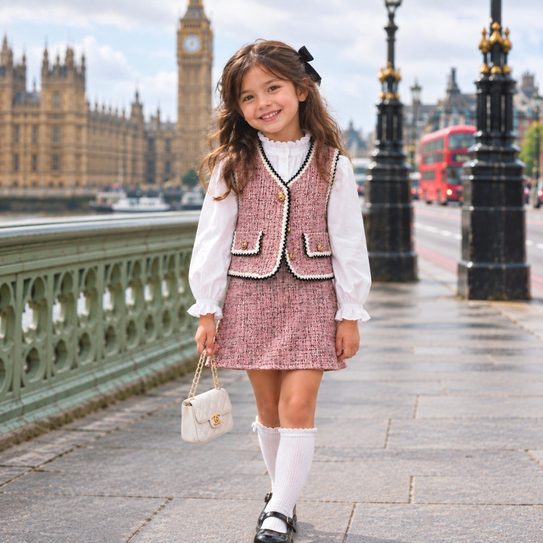 Girl's Waist Coat & Skirt Set- Beige or Khaki- Ages 4 to 14