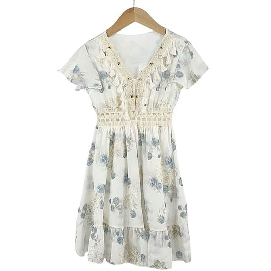 Girls Ivory Blue Floral Boho Style Dress- 4 to 12 Years