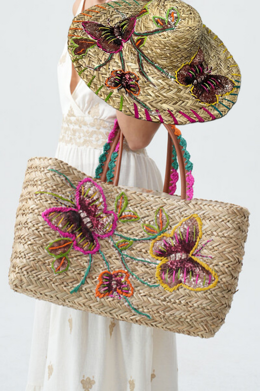 Women's Raffia Embroider Butterfly Beach Bag With Multi-Colour Handle Large