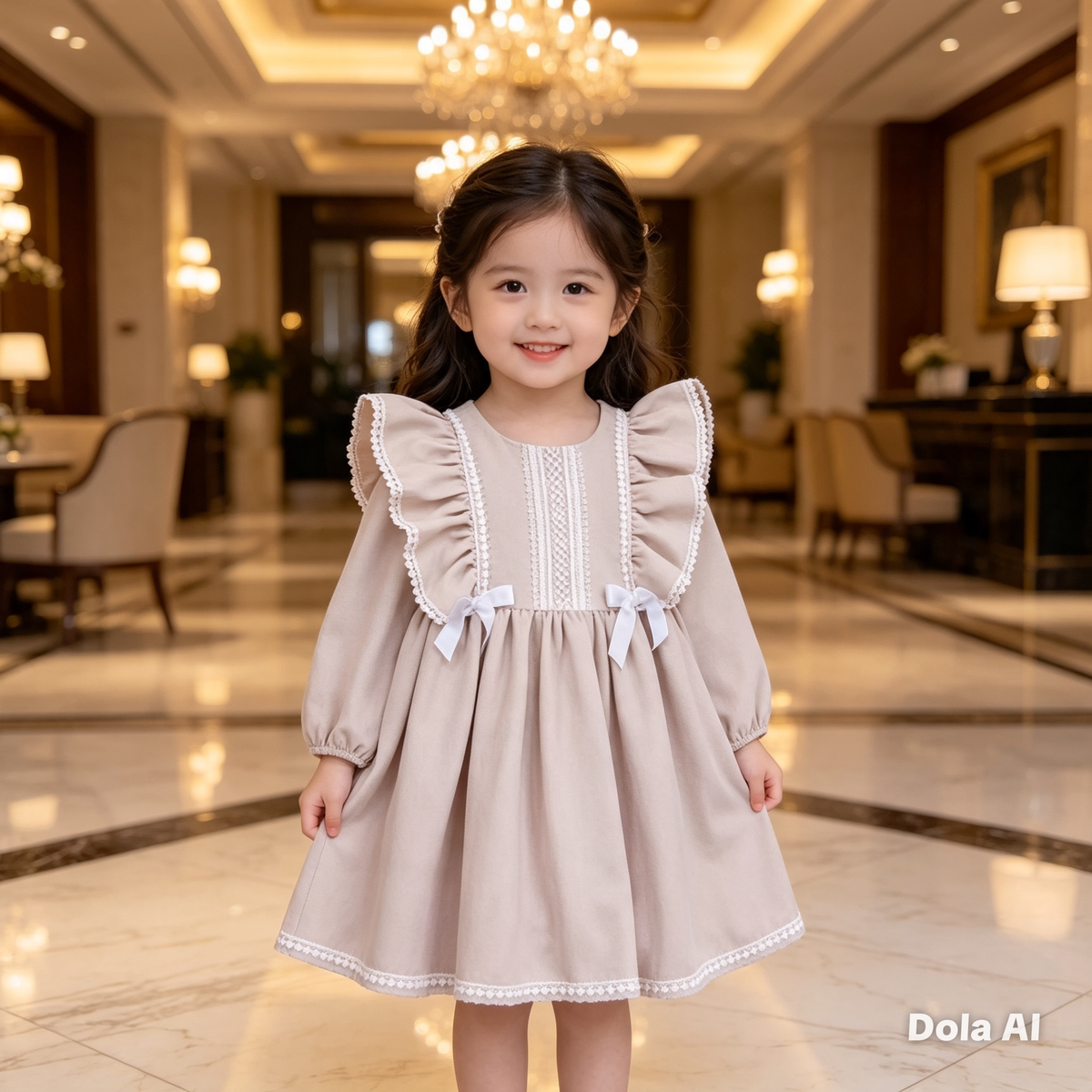 Girl's Beige And White Smock Style Dress R851