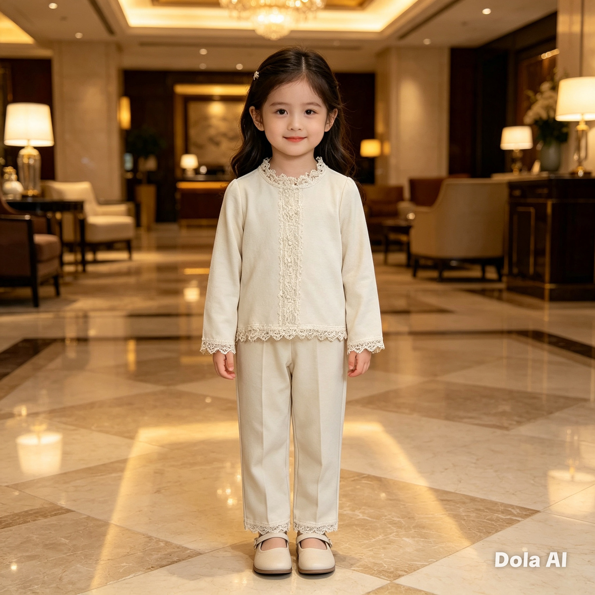 Girl's Beige Tracksuit With Lace Trim.