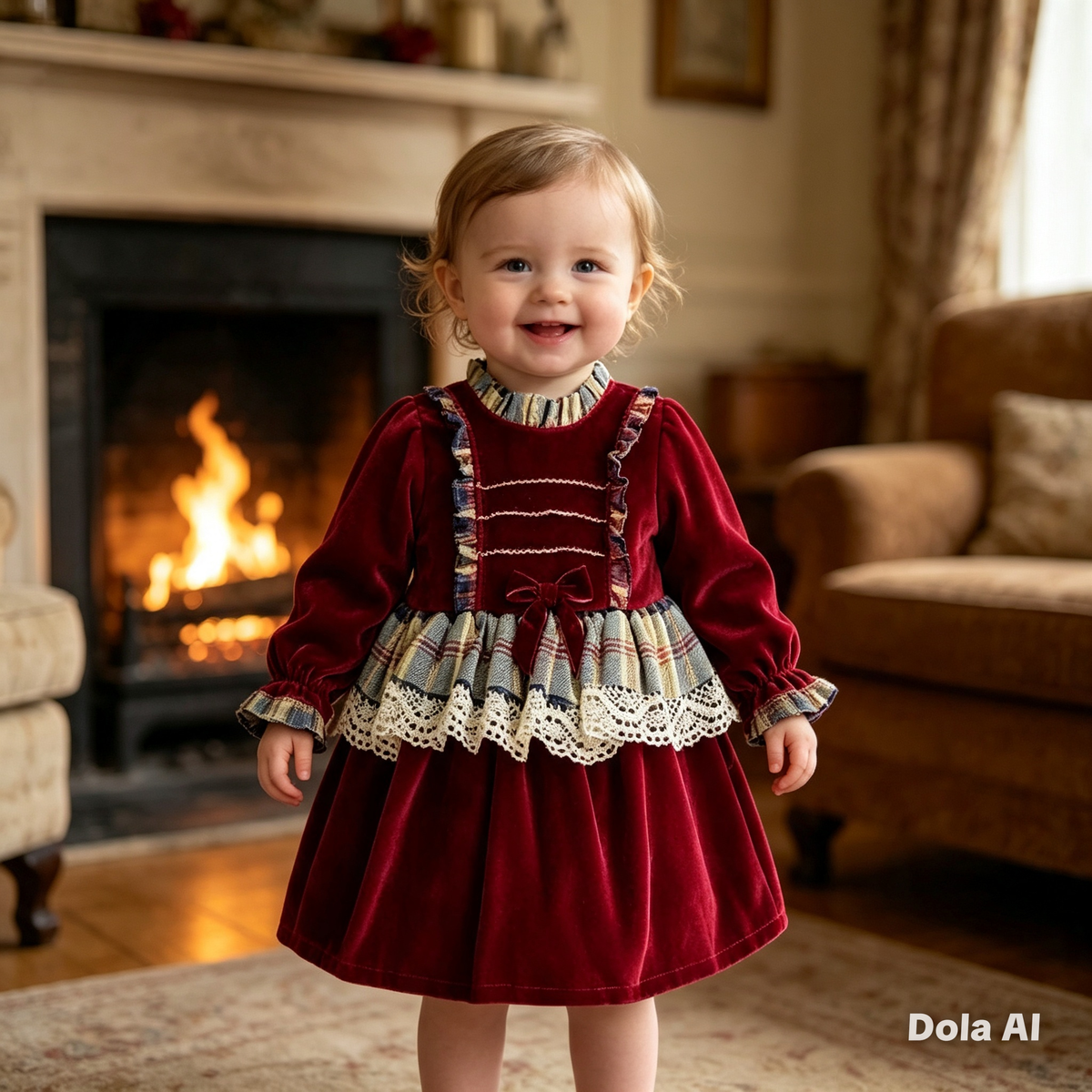 Girl's Burgundy Dress With Tartan Detail