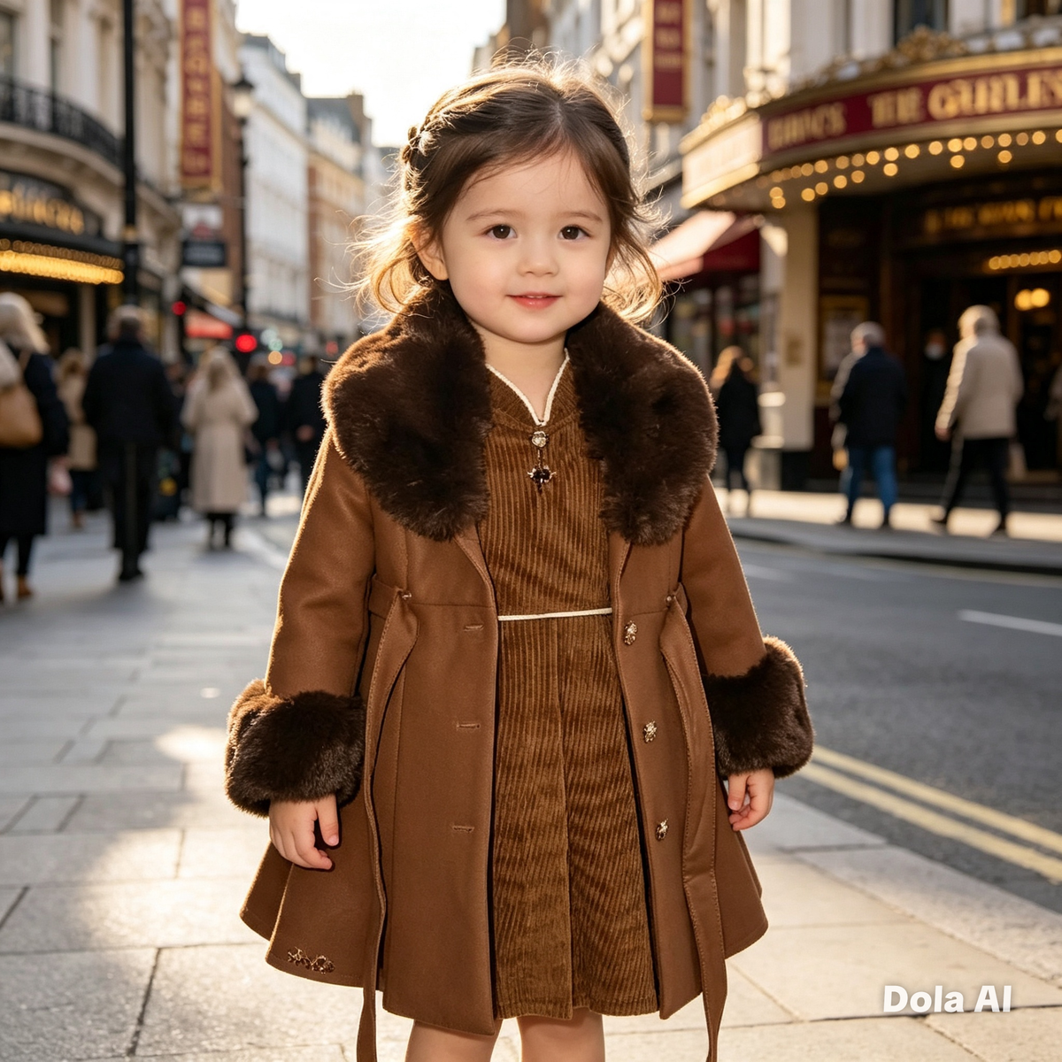 Girl's Faux Tan Leather Coat Faux Fur Trim, Tan Dress With Brooch