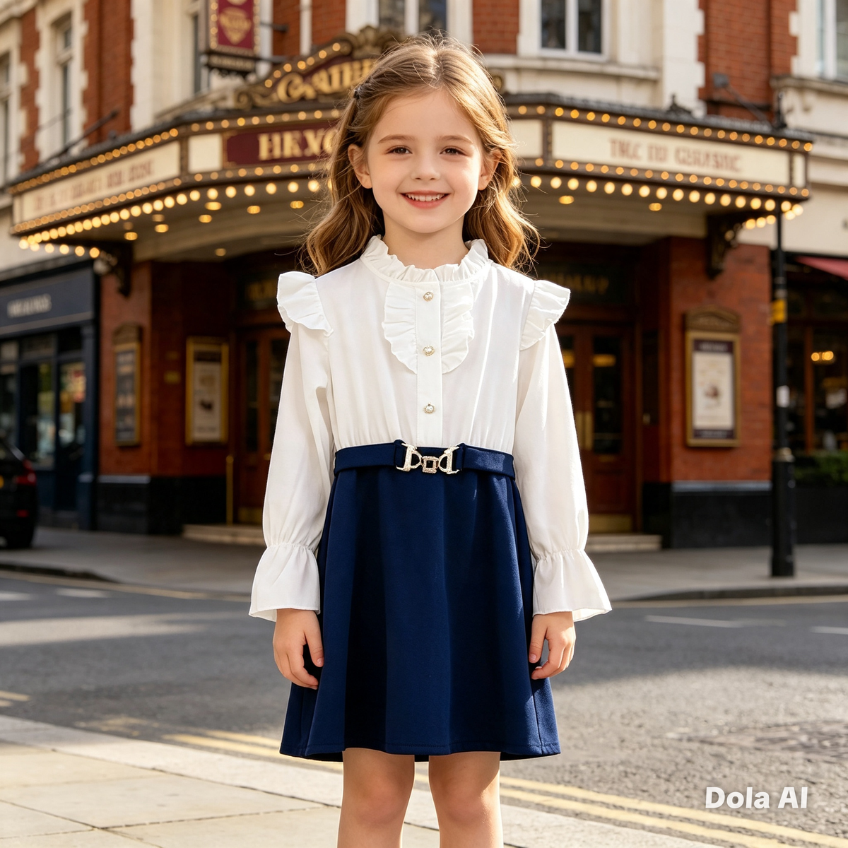 Girl's Italian Ivory/Navy Belt Dress.