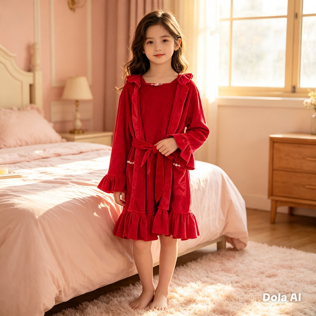 Girl's Red Velour Ruffle Night Robe
