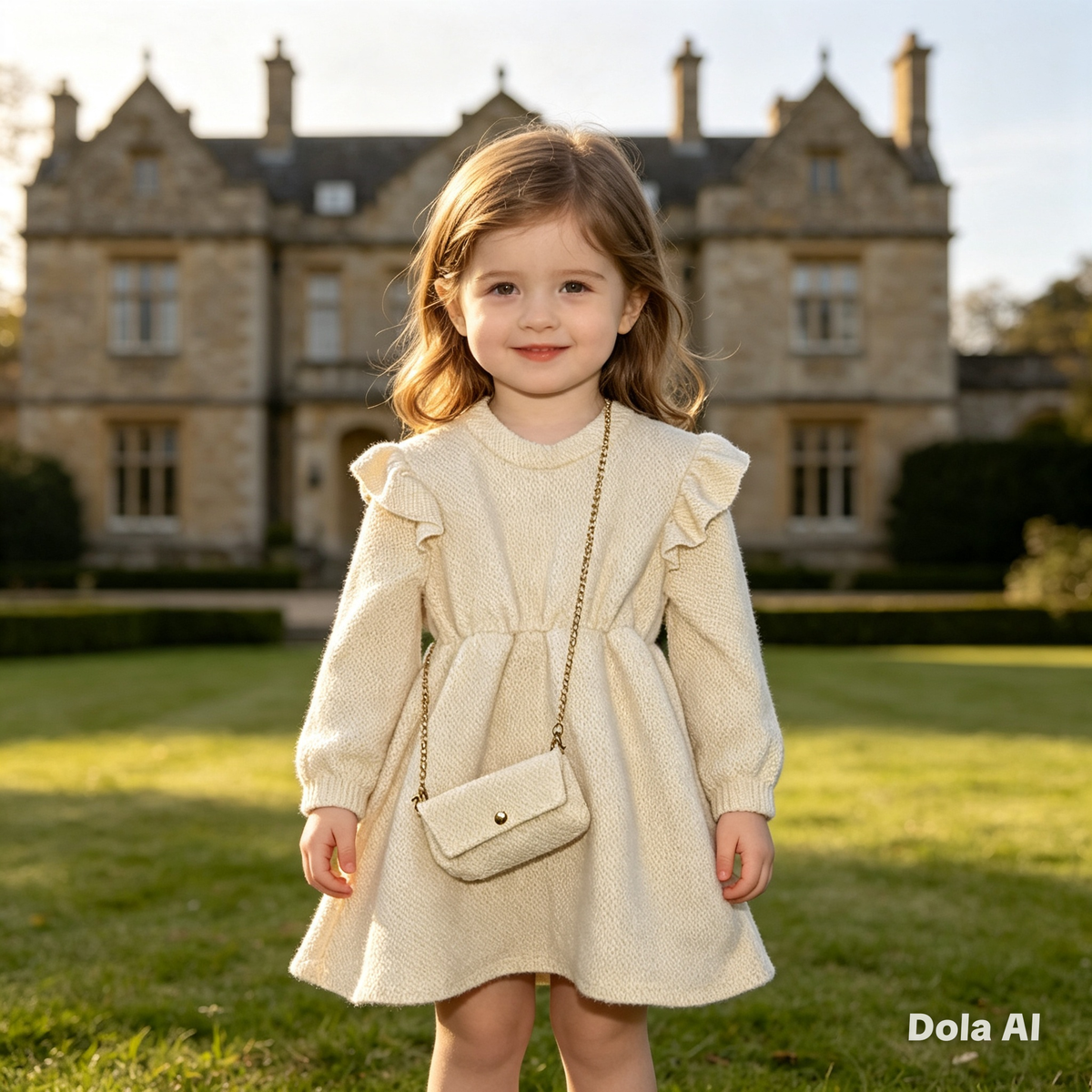 Girls Beige Woven Dress With Bag
