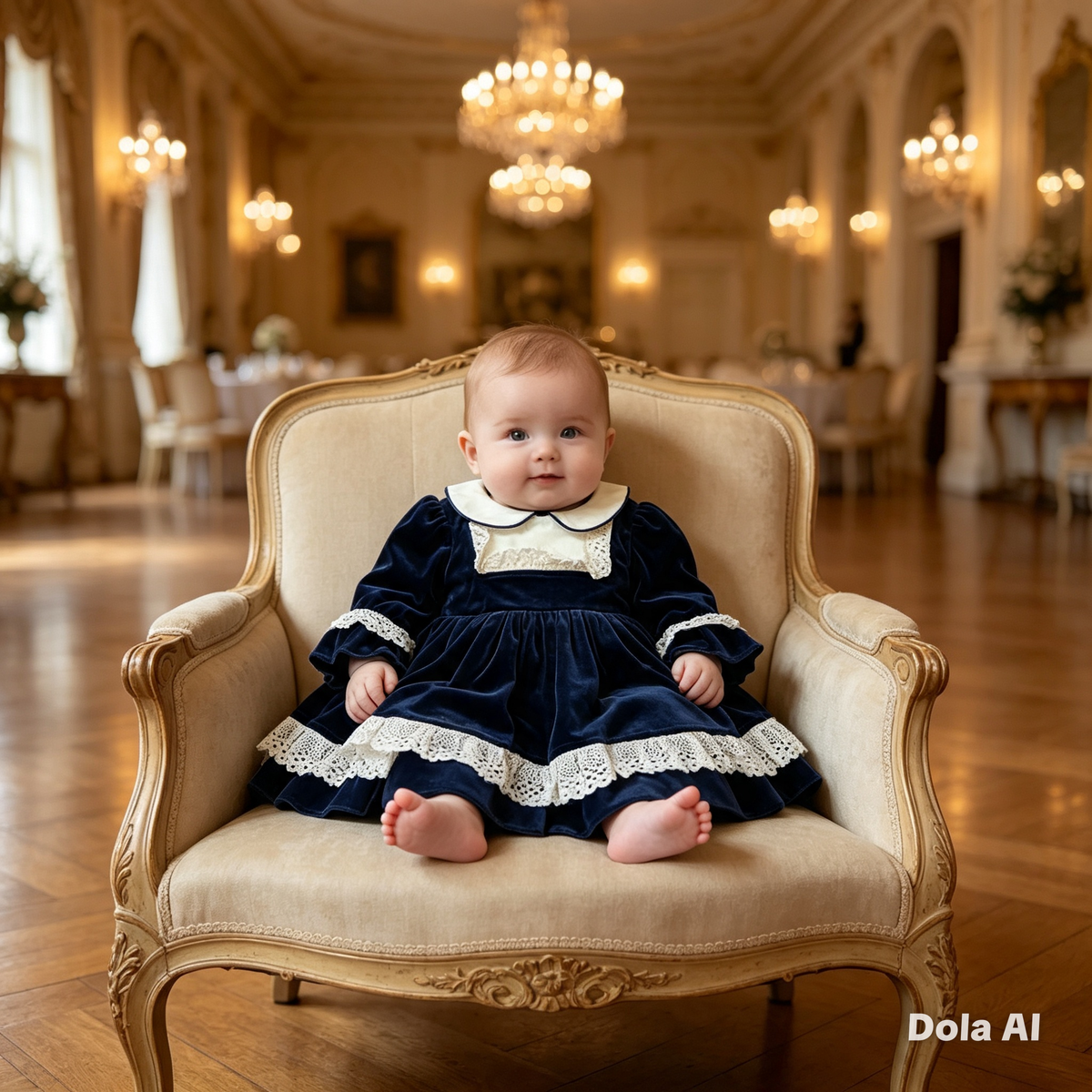 Girls Navy Velvet Laced Frill Dress