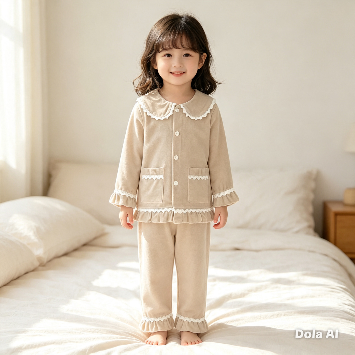 Italian Girl's Beige Pyjamas With With Piping (876)- Ages 2 to 12 Years