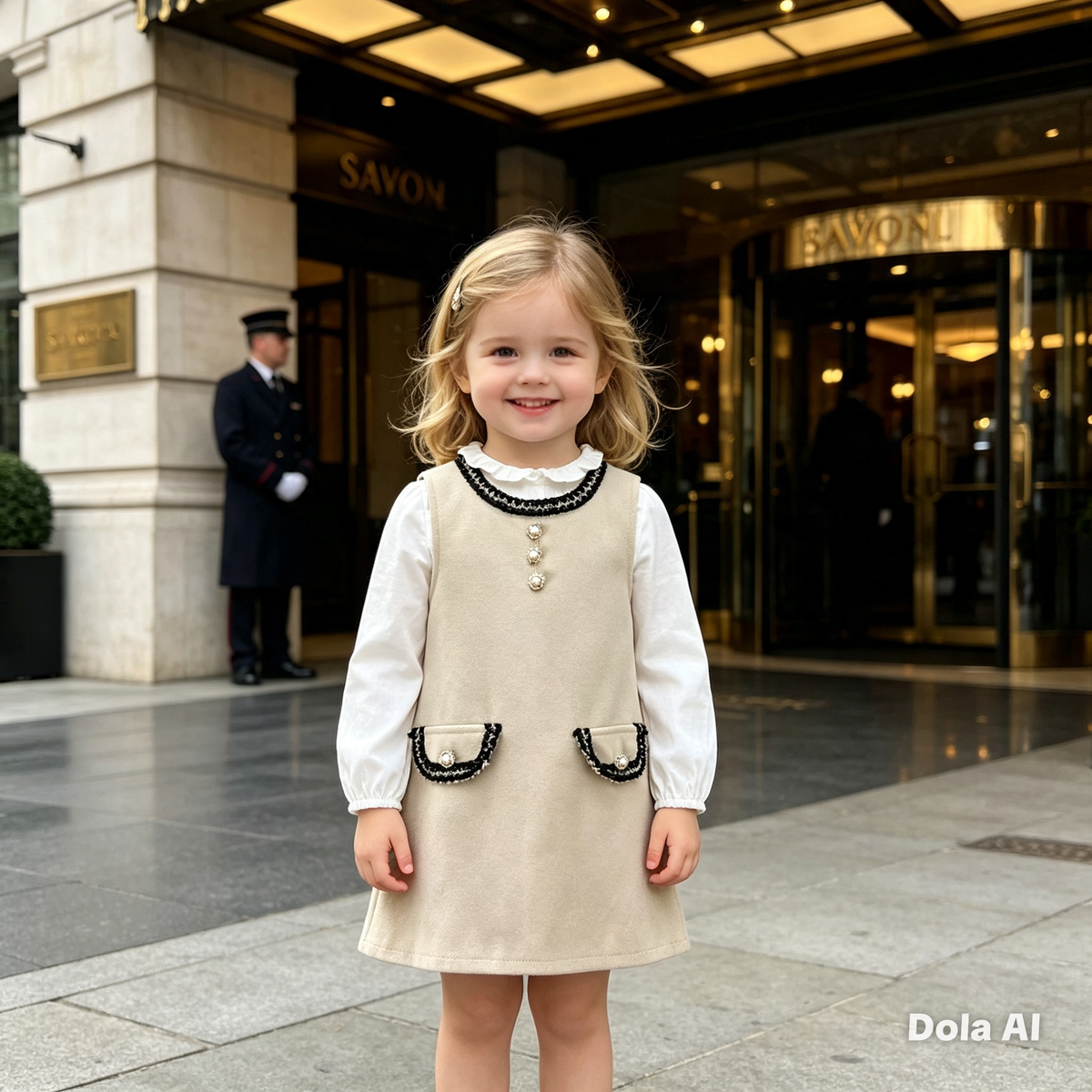 Girls Beige Dress With Black And Gold Pipeing, Cream Top 2pc Set R893