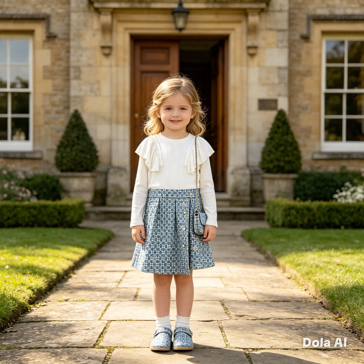 Girls Ivory/Blue Mosaic Ruffle Skirt Dress & Bag
