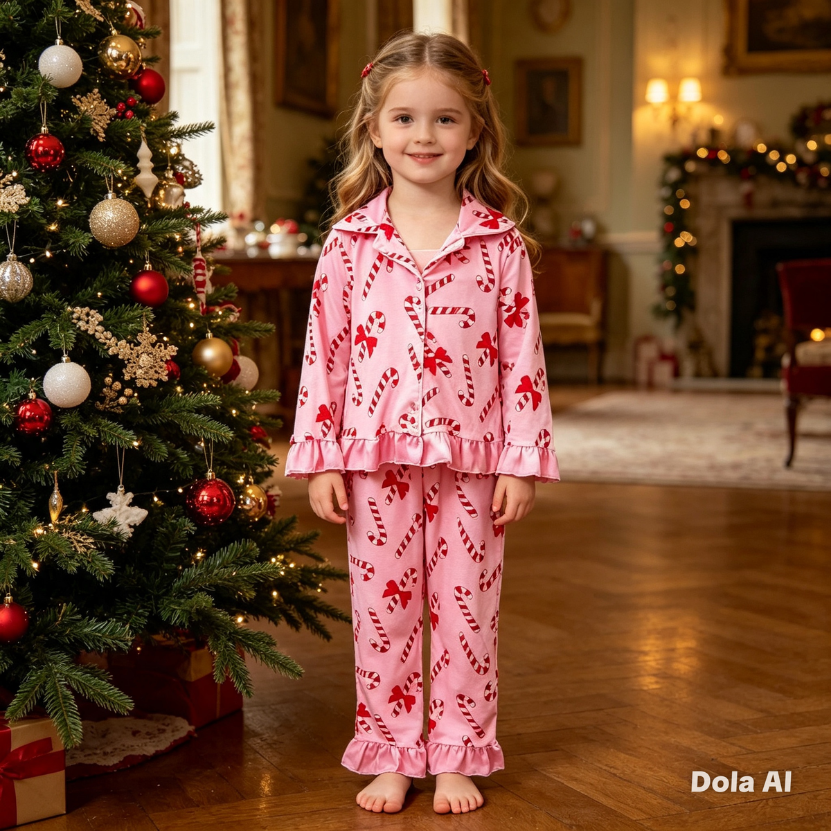 Girls Christmas Candy Cane Pyjamas- Pink With Frill Trim- Ages 4 to 14