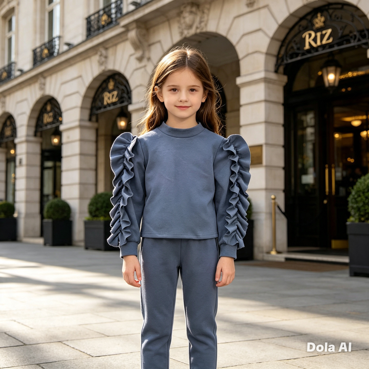 Girls Grey Tracksuit With Frilly Arm Trim