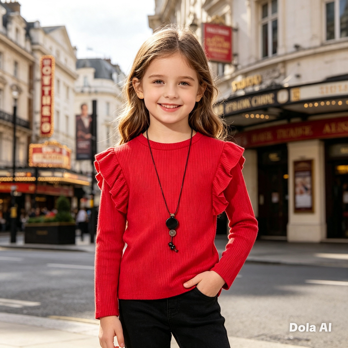 Girls Red Glitter Long Sleeve Top With Necklace