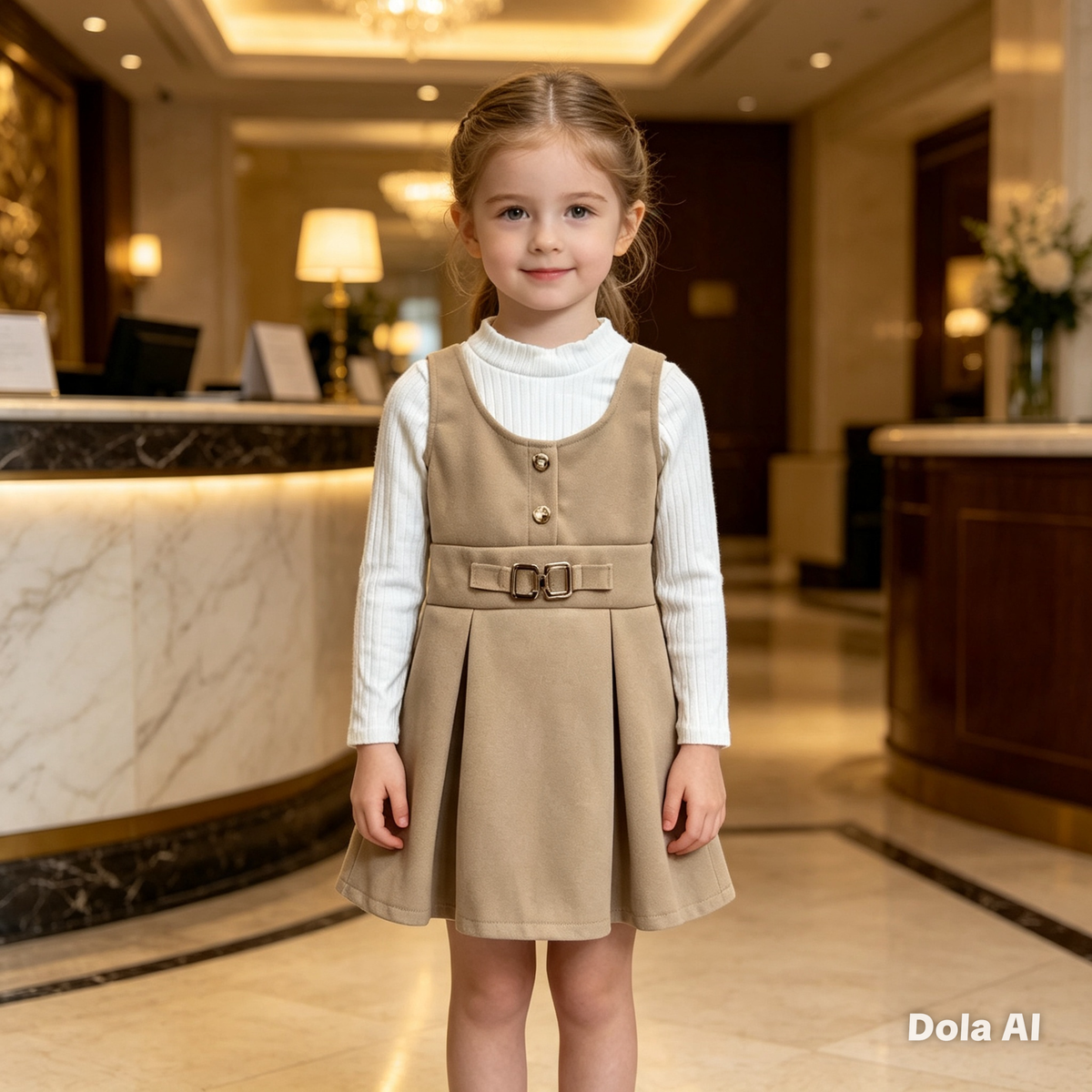 Girls Beige Dress Dress With Buckle With Top Cream Top