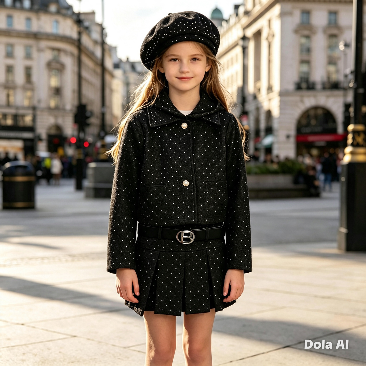 Girls Black With Diamante Jacket, Skirt Plus B Belt And Hat Set