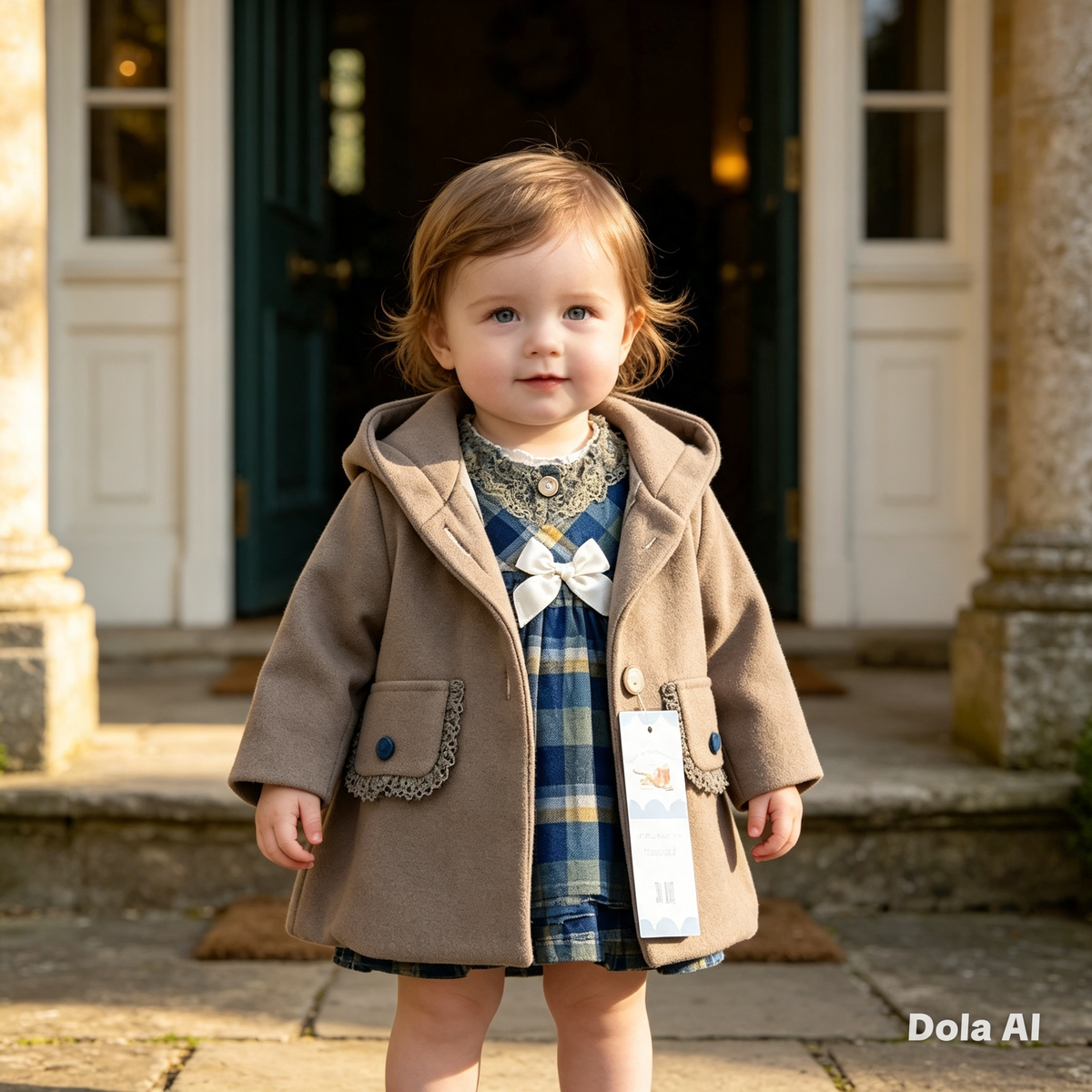 Girls Grey/Navy Tartan Bow Dress & Coat Set